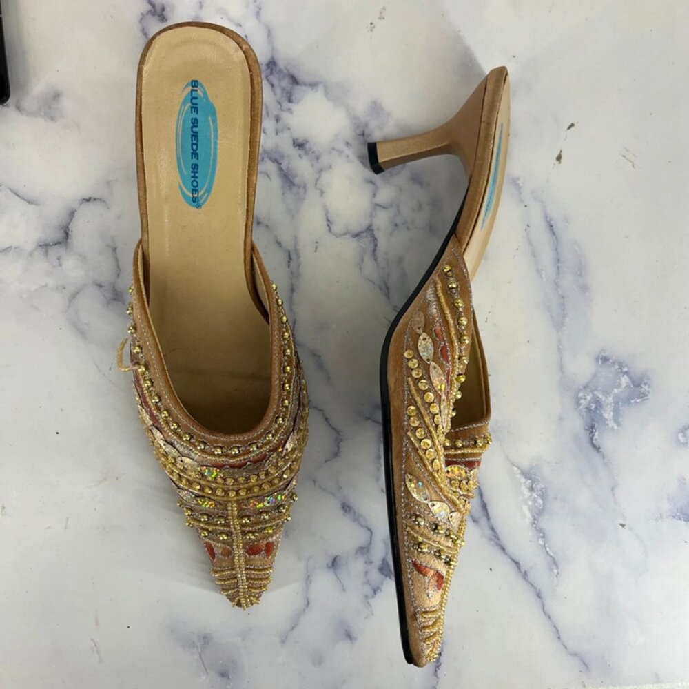 Elegant blue suede shoes heels with rhinestones - size 8